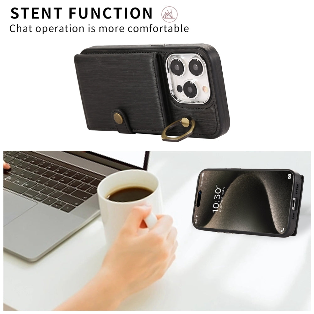 ELECTROPRIME For iPhone 15 Brushed Texture Wallet Ring Holder Phone Case(Black)