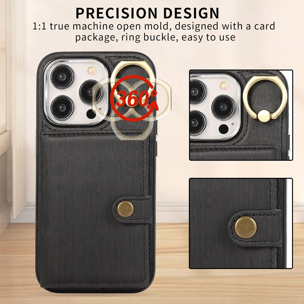 ELECTROPRIME For iPhone 15 Brushed Texture Wallet Ring Holder Phone Case(Black)