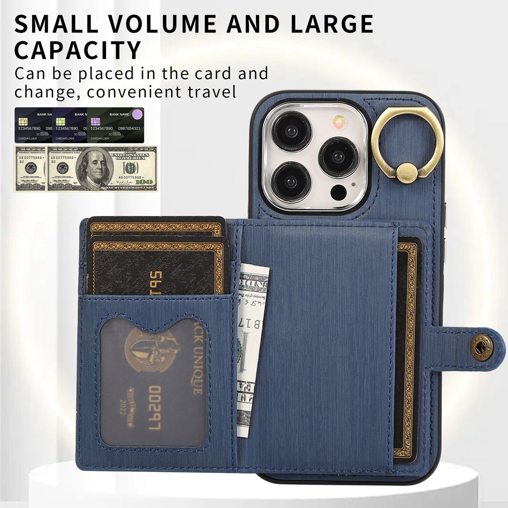 ELECTROPRIME For iPhone 15 Brushed Texture Wallet Ring Holder Phone Case(Blue)
