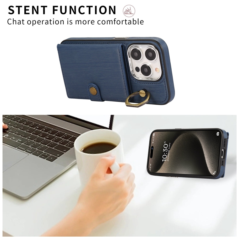ELECTROPRIME For iPhone 15 Brushed Texture Wallet Ring Holder Phone Case(Blue)