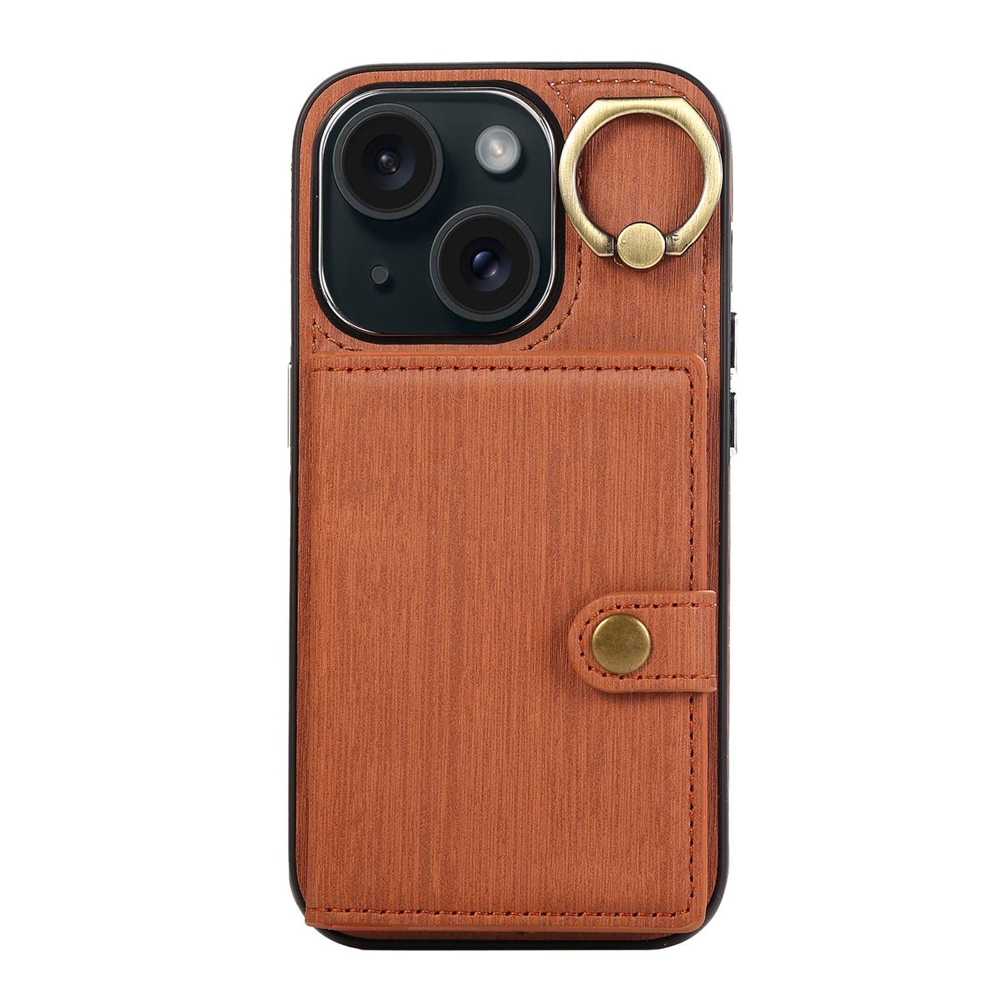 ELECTROPRIME For iPhone 15 Brushed Texture Wallet Ring Holder Phone Case(Brown)