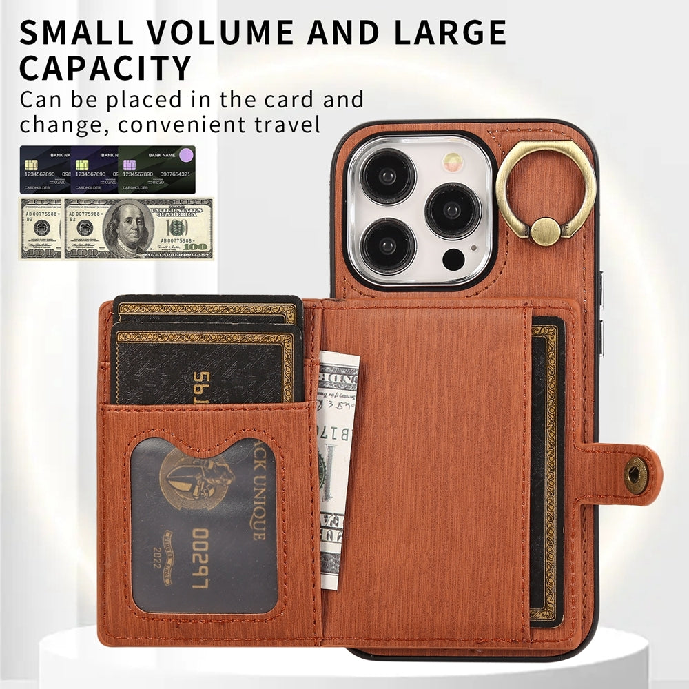 ELECTROPRIME For iPhone 15 Brushed Texture Wallet Ring Holder Phone Case(Brown)