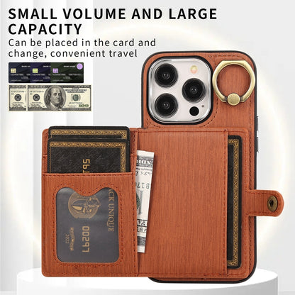 ELECTROPRIME For iPhone 15 Brushed Texture Wallet Ring Holder Phone Case(Brown)