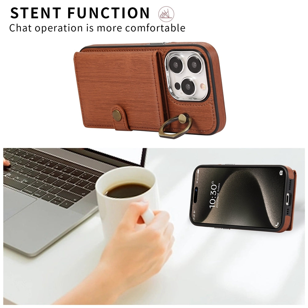 ELECTROPRIME For iPhone 15 Brushed Texture Wallet Ring Holder Phone Case(Brown)