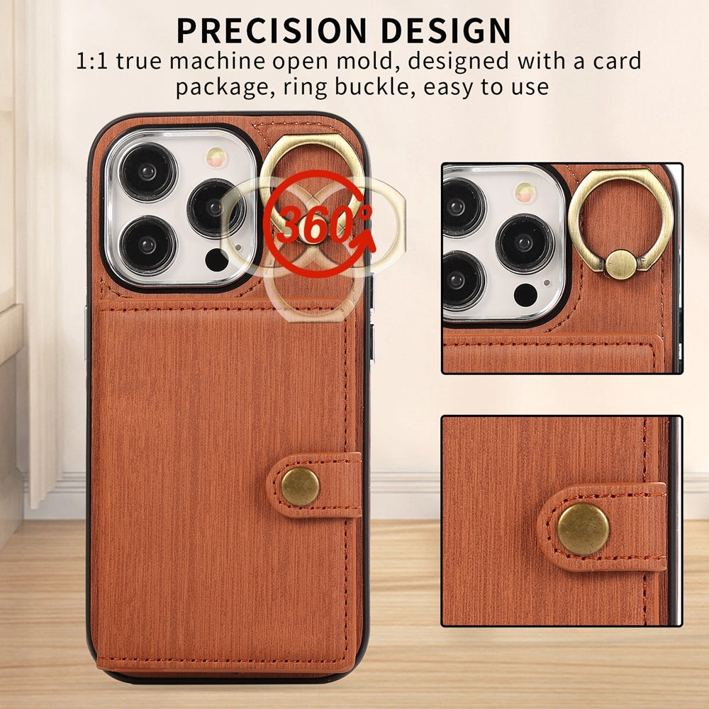 ELECTROPRIME For iPhone 15 Brushed Texture Wallet Ring Holder Phone Case(Brown)
