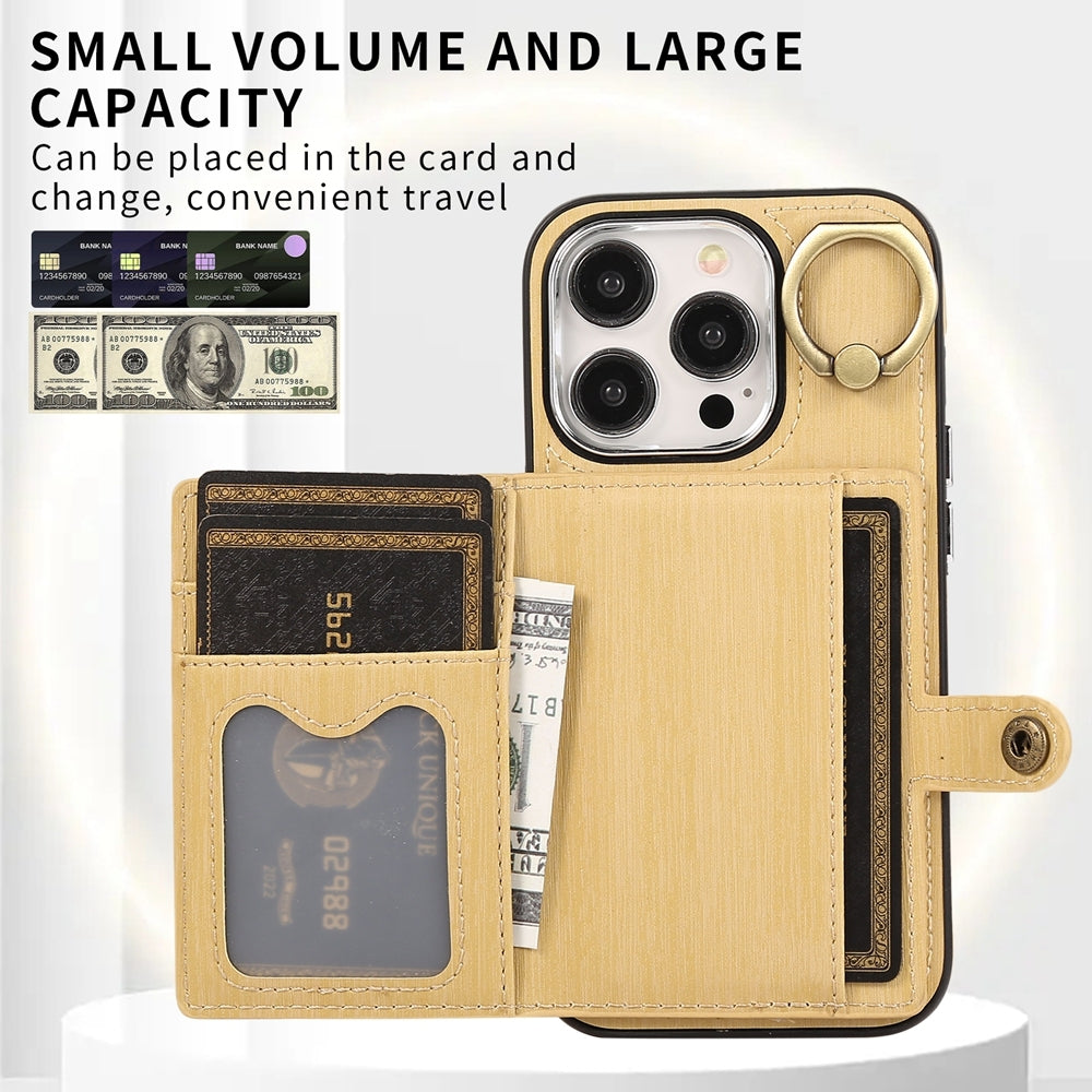 ELECTROPRIME For iPhone 15 Brushed Texture Wallet Ring Holder Phone Case(Yellow)