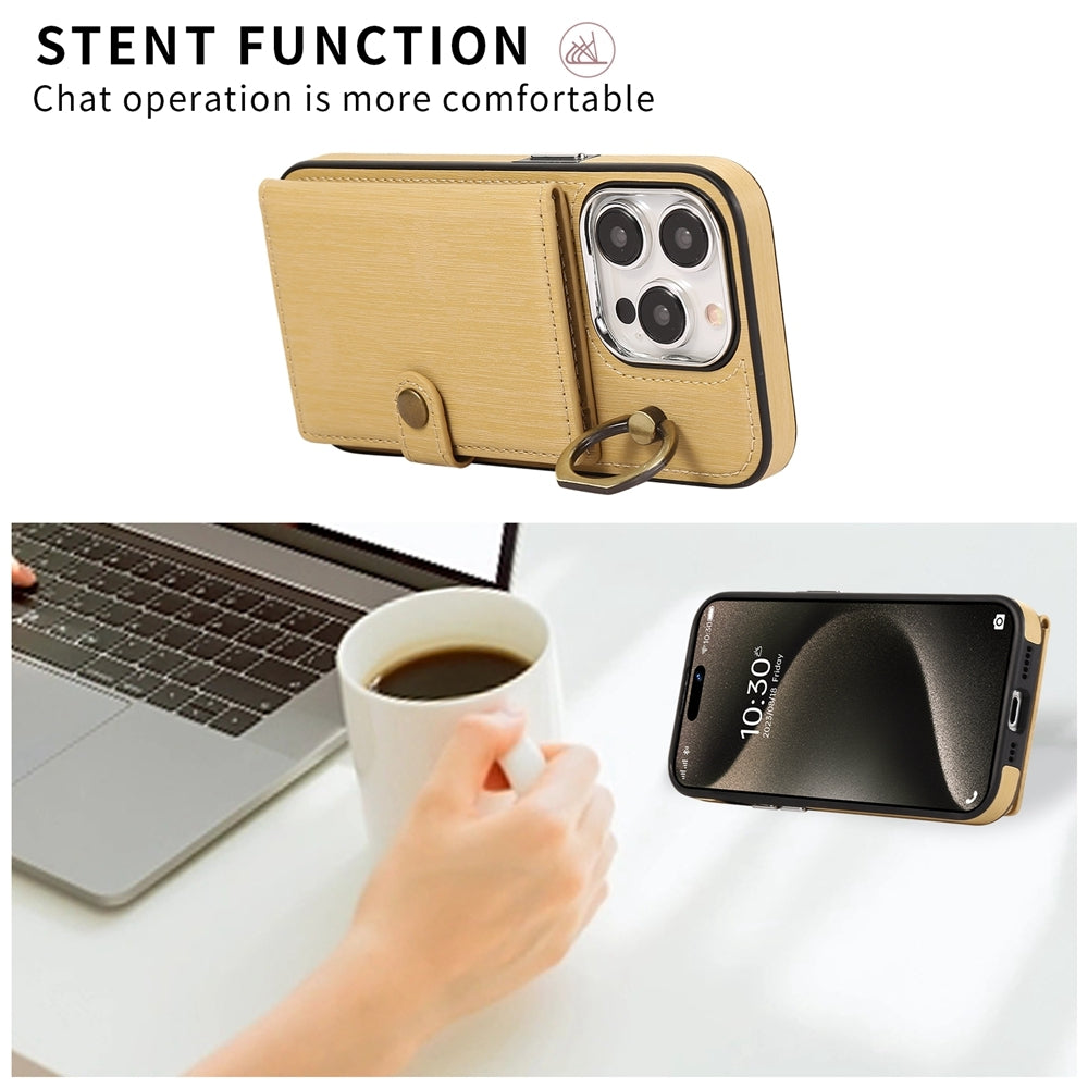 ELECTROPRIME For iPhone 15 Brushed Texture Wallet Ring Holder Phone Case(Yellow)