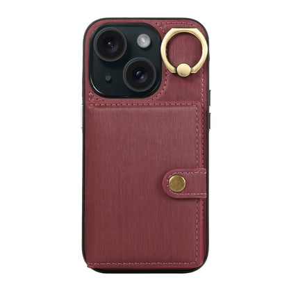 ELECTROPRIME For iPhone 15 Brushed Texture Wallet Ring Holder Phone Case(Wine Red)