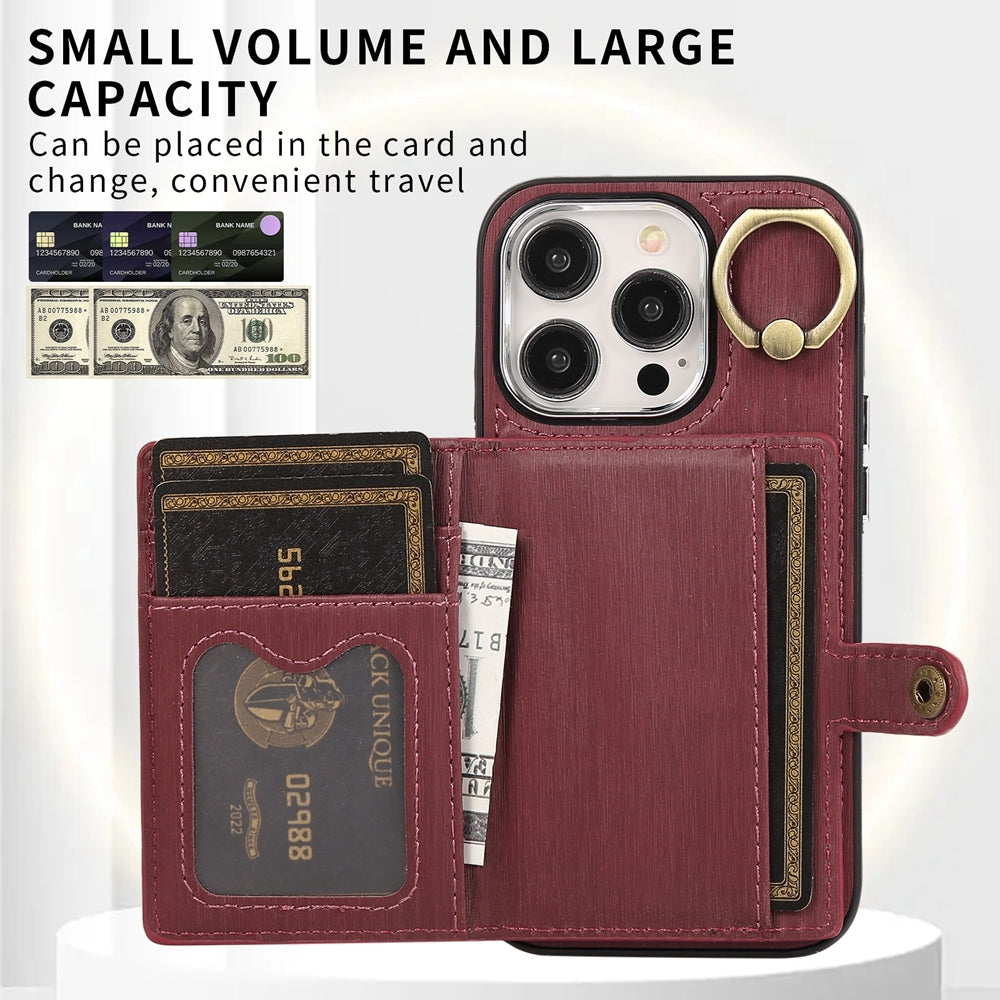 ELECTROPRIME For iPhone 15 Brushed Texture Wallet Ring Holder Phone Case(Wine Red)