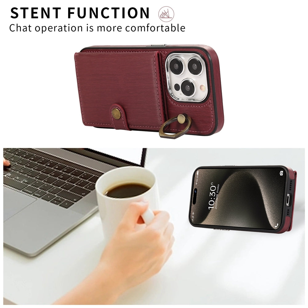 ELECTROPRIME For iPhone 15 Brushed Texture Wallet Ring Holder Phone Case(Wine Red)