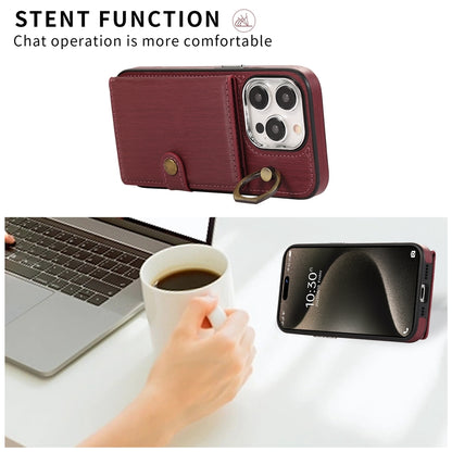 ELECTROPRIME For iPhone 15 Brushed Texture Wallet Ring Holder Phone Case(Wine Red)