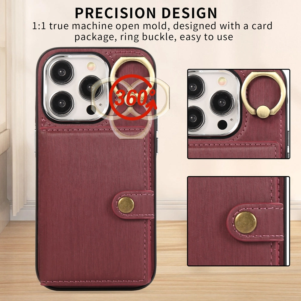ELECTROPRIME For iPhone 15 Brushed Texture Wallet Ring Holder Phone Case(Wine Red)