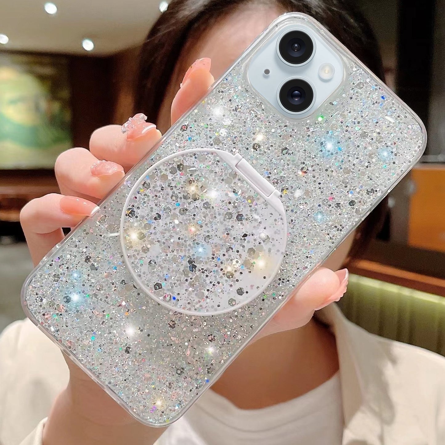 ELECTROPRIME For iPhone 15 Starry Sequin Round Mirror Stand Epoxy TPU Phone Case(Silver)