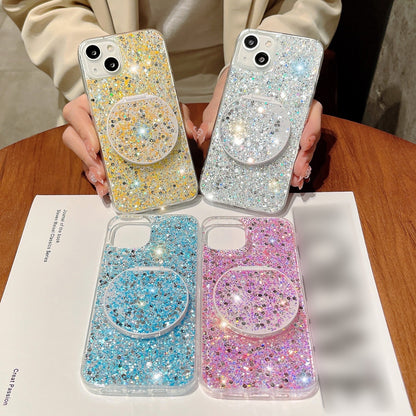 ELECTROPRIME For iPhone 15 Starry Sequin Round Mirror Stand Epoxy TPU Phone Case(Pink)
