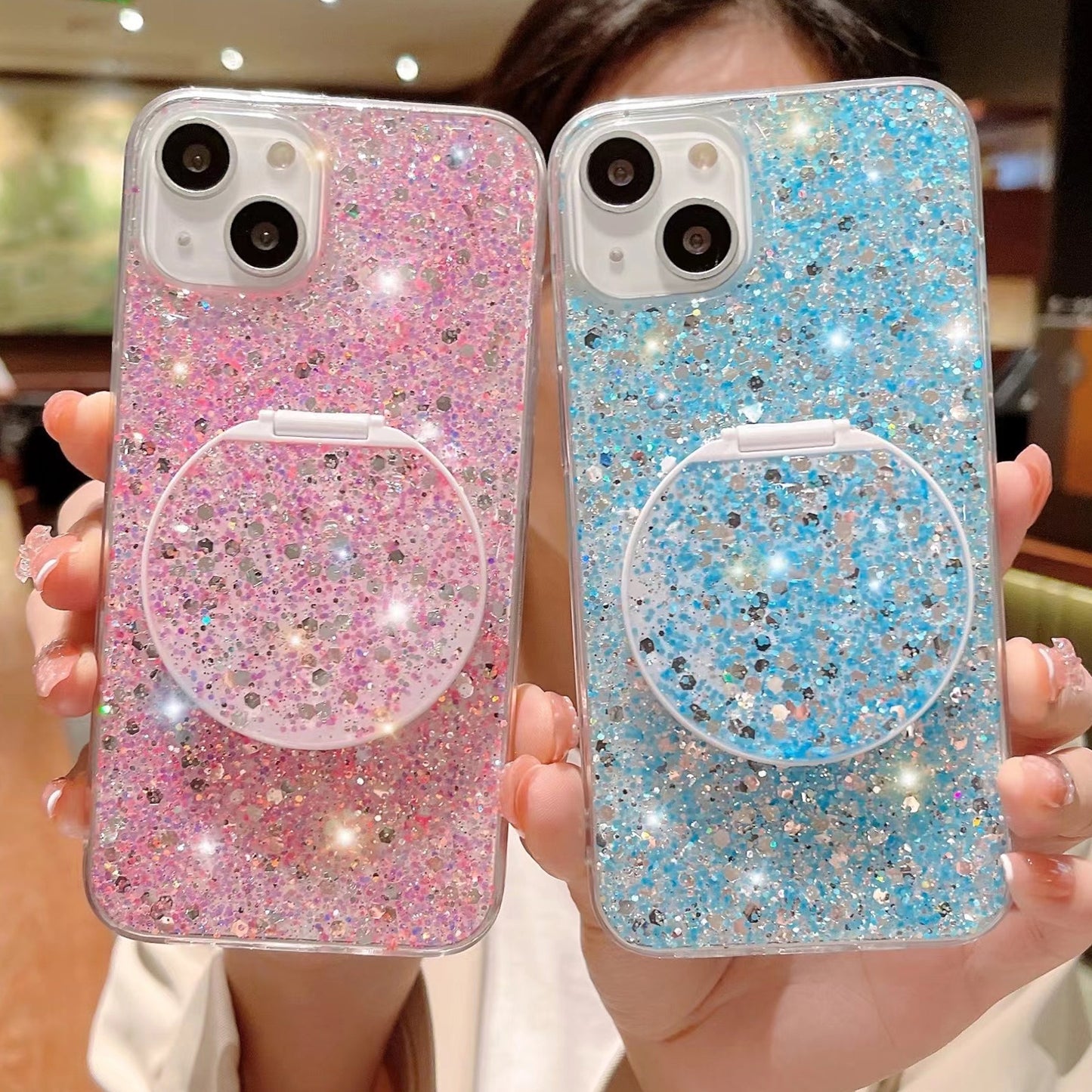 ELECTROPRIME For iPhone 15 Starry Sequin Round Mirror Stand Epoxy TPU Phone Case(Yellow)