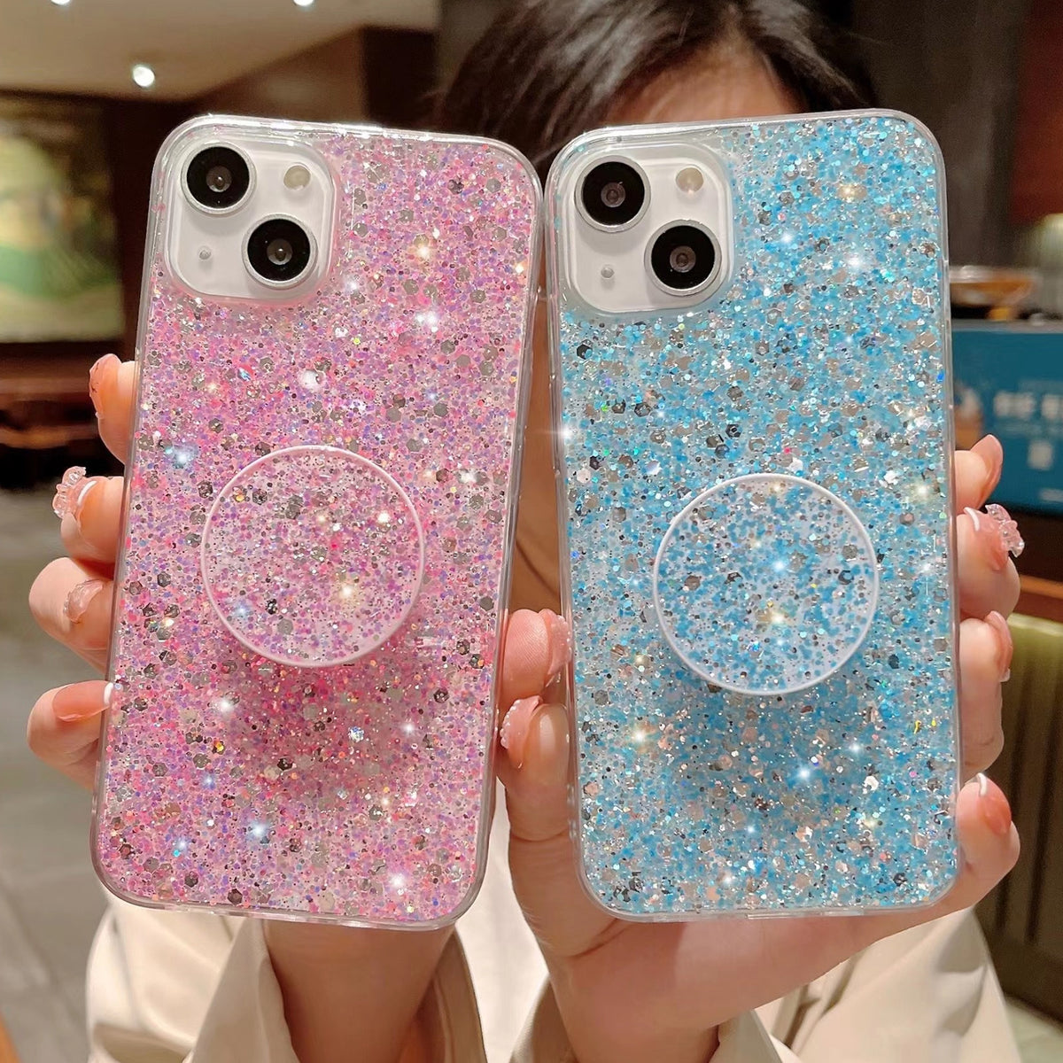 ELECTROPRIME For iPhone 15 Plus Starry Sequin Round Stand Epoxy TPU Phone Case(Yellow)