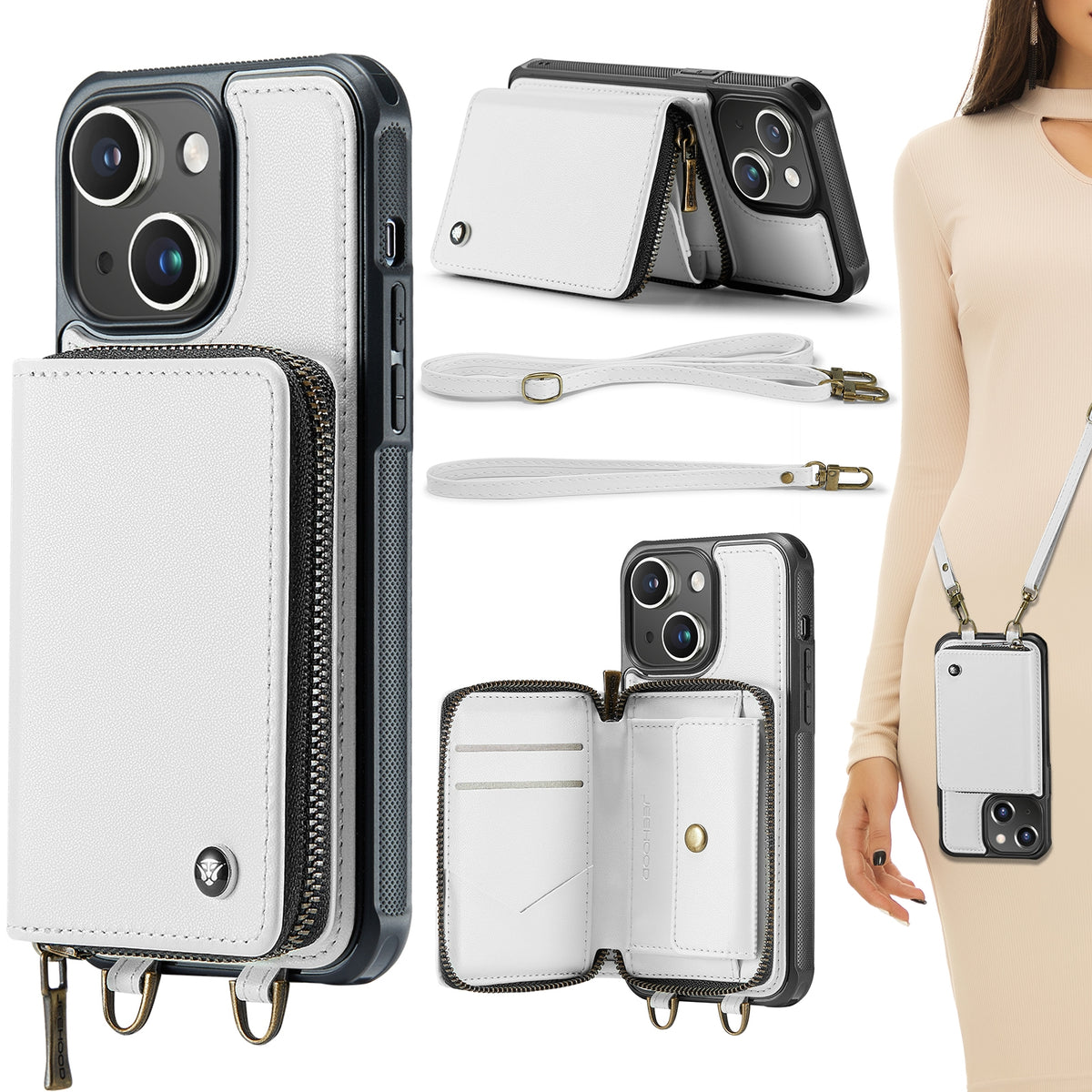 ELECTROPRIME For iPhone 15 Plus JEEHOOD C22 Series Zipper Wallet Leather Phone Case with Dual Lanyard(White)