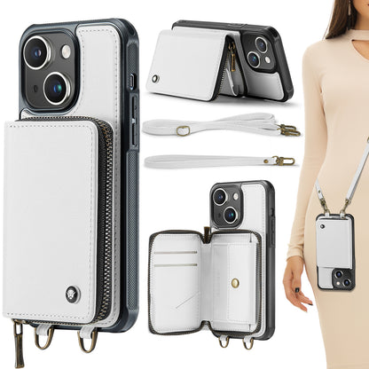 ELECTROPRIME For iPhone 15 Plus JEEHOOD C22 Series Zipper Wallet Leather Phone Case with Dual Lanyard(White)