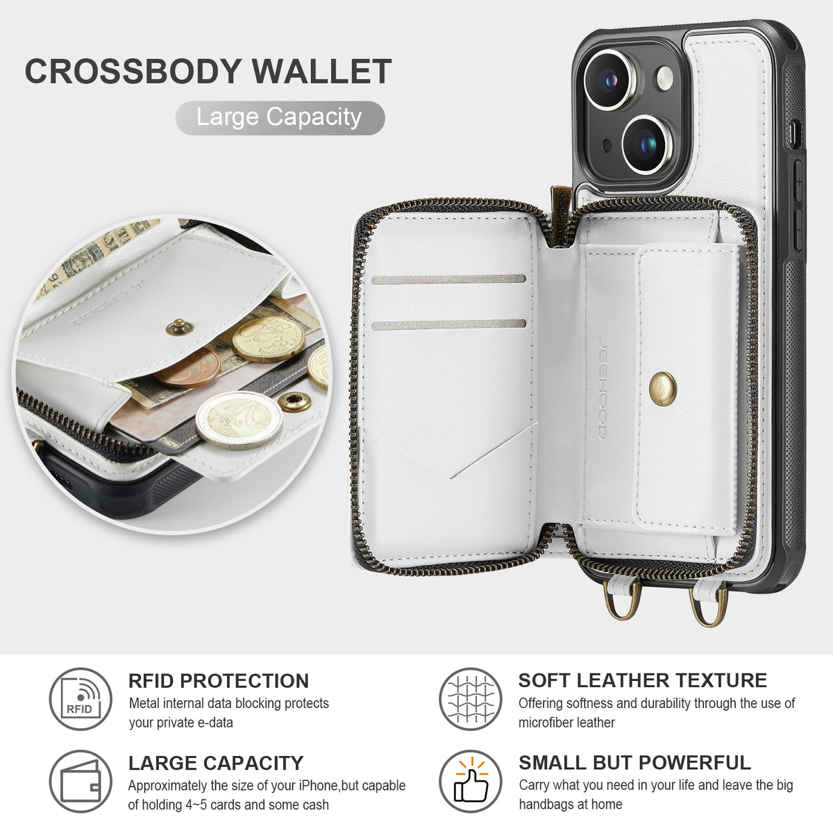 ELECTROPRIME For iPhone 15 Plus JEEHOOD C22 Series Zipper Wallet Leather Phone Case with Dual Lanyard(White)