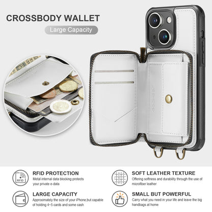 ELECTROPRIME For iPhone 15 Plus JEEHOOD C22 Series Zipper Wallet Leather Phone Case with Dual Lanyard(White)