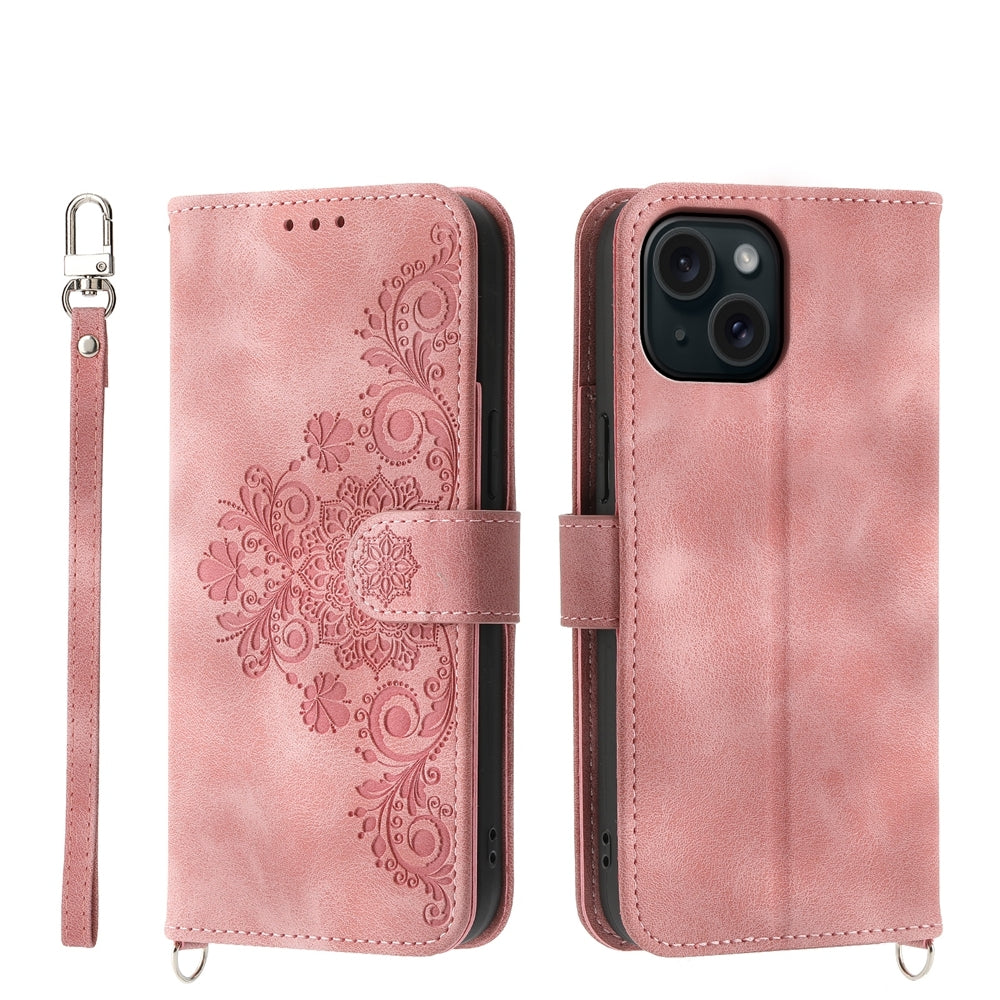 ELECTROPRIME For iPhone 15 Skin-feel Flowers Embossed Wallet Leather Phone Case(Pink)