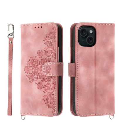 ELECTROPRIME For iPhone 15 Skin-feel Flowers Embossed Wallet Leather Phone Case(Pink)