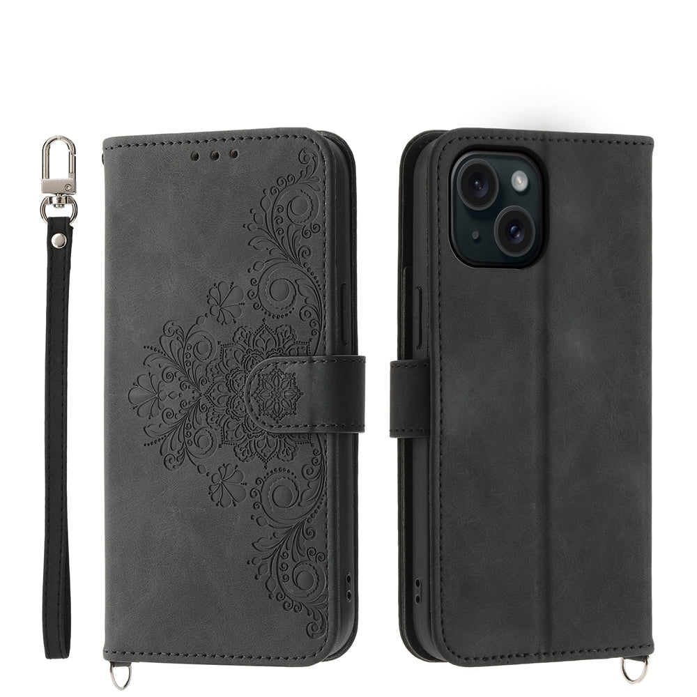 ELECTROPRIME For iPhone 15 Skin-feel Flowers Embossed Wallet Leather Phone Case(Black)