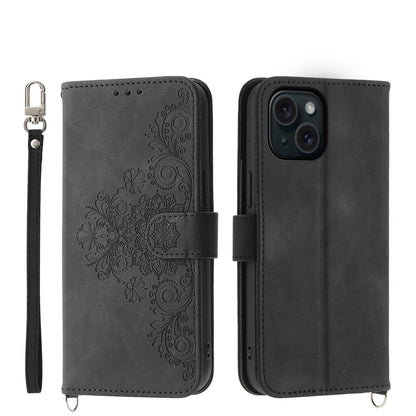 ELECTROPRIME For iPhone 15 Skin-feel Flowers Embossed Wallet Leather Phone Case(Black)