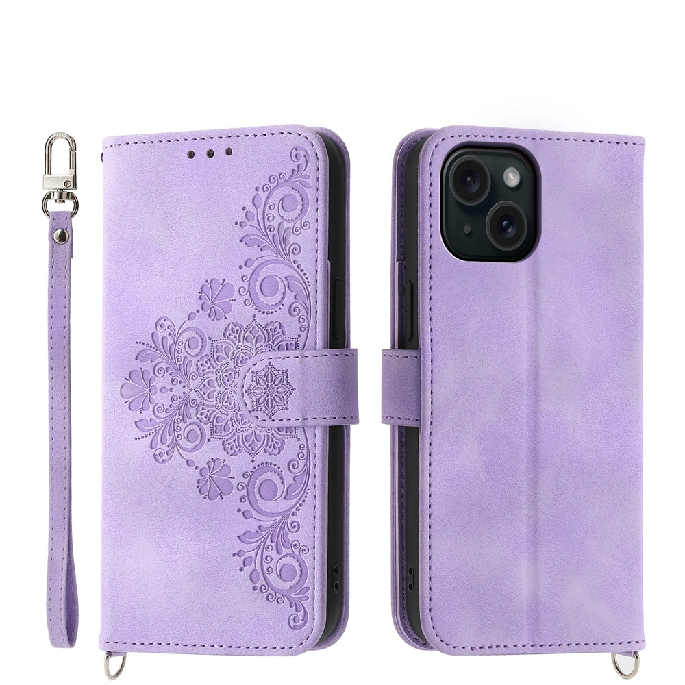 ELECTROPRIME For iPhone 15 Skin-feel Flowers Embossed Wallet Leather Phone Case(Purple)