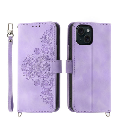 ELECTROPRIME For iPhone 15 Skin-feel Flowers Embossed Wallet Leather Phone Case(Purple)
