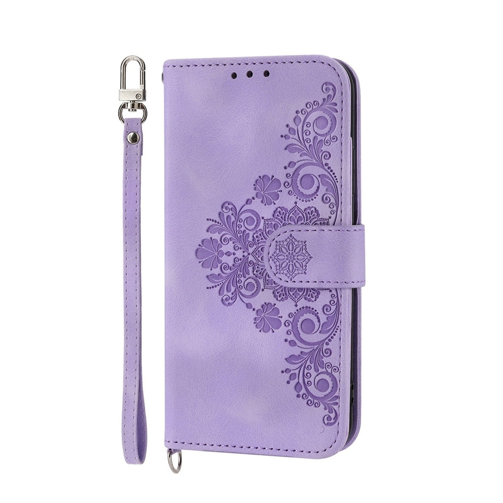 ELECTROPRIME For iPhone 15 Skin-feel Flowers Embossed Wallet Leather Phone Case(Purple)