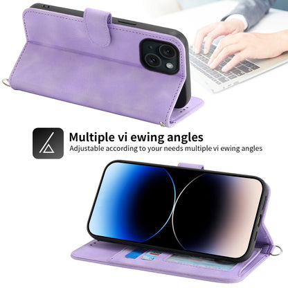 ELECTROPRIME For iPhone 15 Skin-feel Flowers Embossed Wallet Leather Phone Case(Purple)