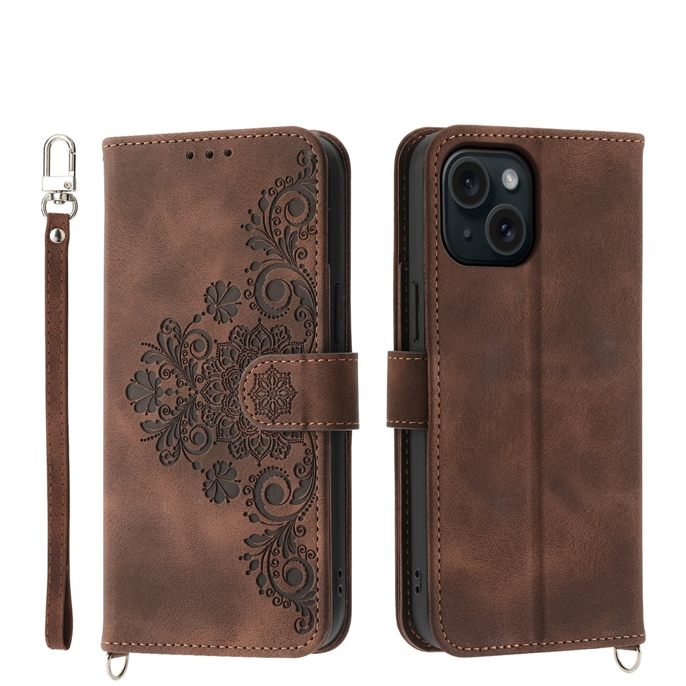 ELECTROPRIME For iPhone 15 Skin-feel Flowers Embossed Wallet Leather Phone Case(Brown)