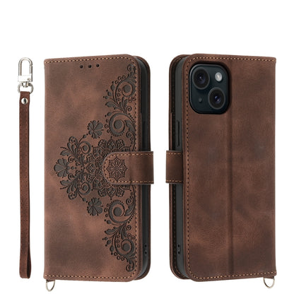 ELECTROPRIME For iPhone 15 Skin-feel Flowers Embossed Wallet Leather Phone Case(Brown)