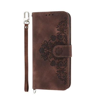 ELECTROPRIME For iPhone 15 Skin-feel Flowers Embossed Wallet Leather Phone Case(Brown)