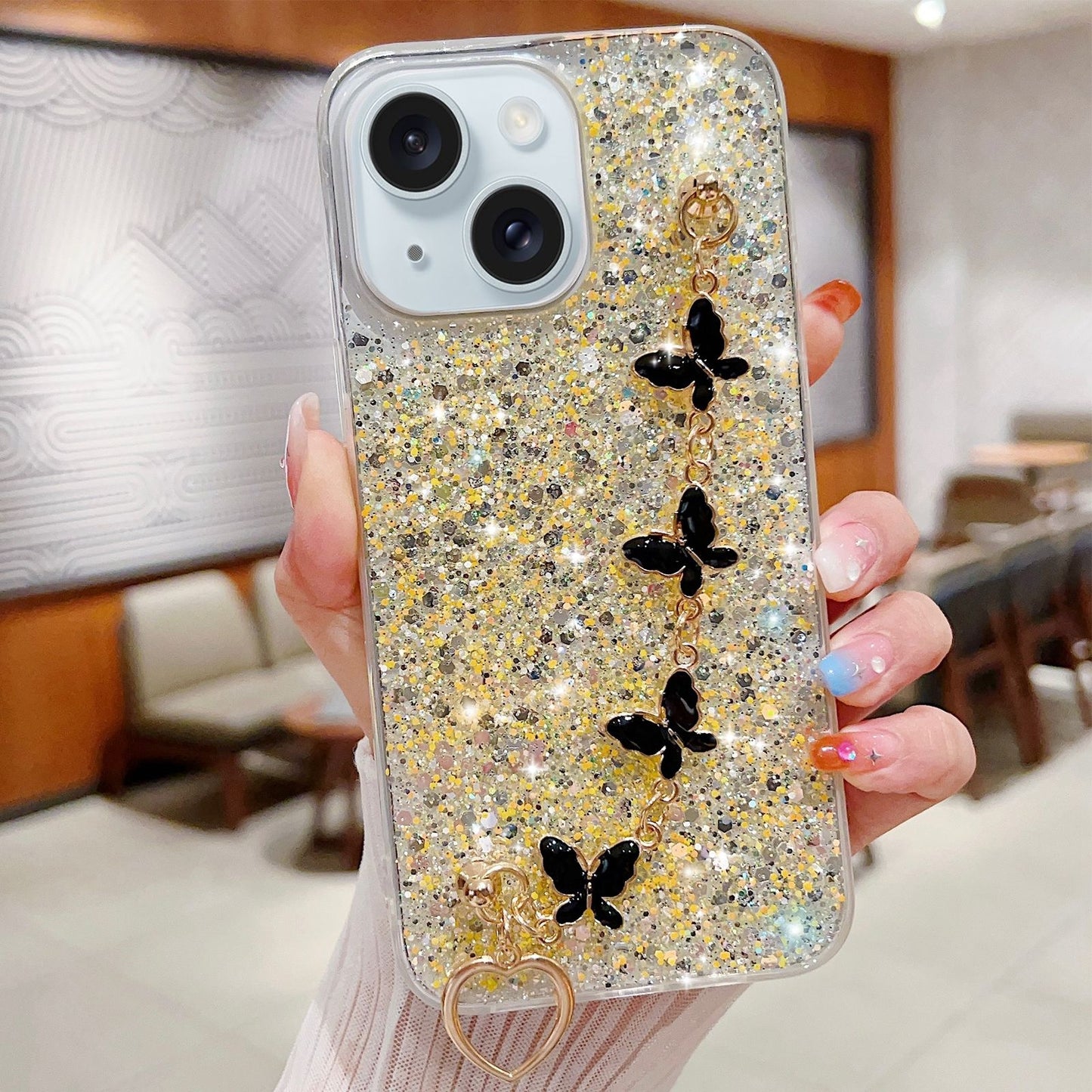 ELECTROPRIME For iPhone 15 Starry Sequin Butterfly Chain Epoxy TPU Phone Case(Yellow)