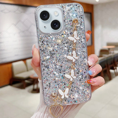 ELECTROPRIME For iPhone 15 Starry Sequin Butterfly Chain Epoxy TPU Phone Case(Silver)