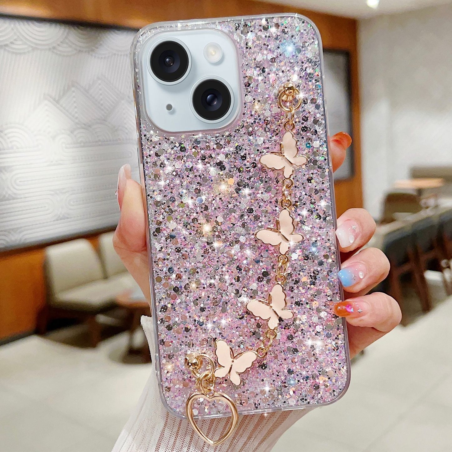 ELECTROPRIME For iPhone 15 Starry Sequin Butterfly Chain Epoxy TPU Phone Case(Pink)