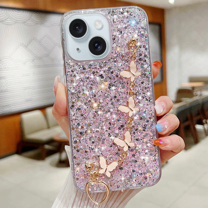 ELECTROPRIME For iPhone 15 Starry Sequin Butterfly Chain Epoxy TPU Phone Case(Pink)