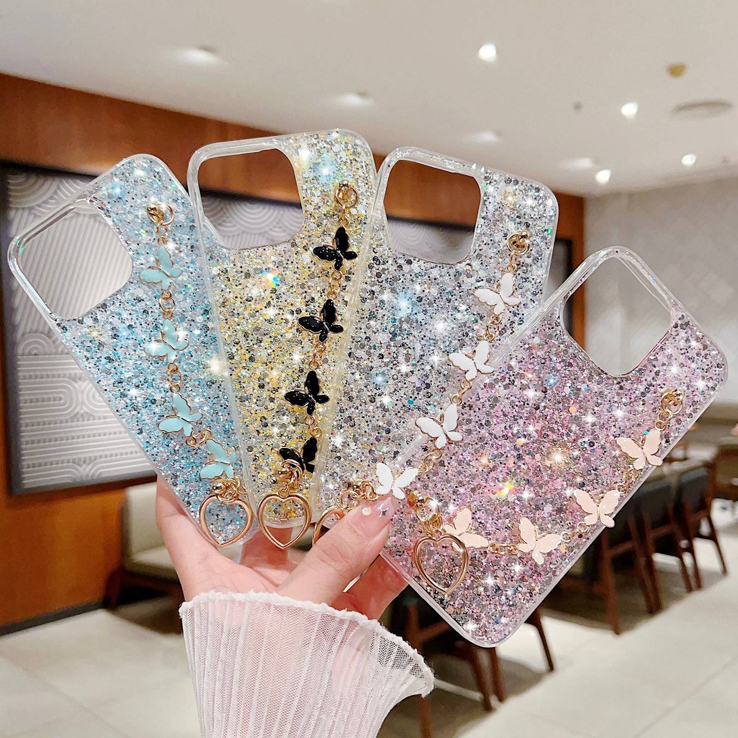 ELECTROPRIME For iPhone 15 Starry Sequin Butterfly Chain Epoxy TPU Phone Case(Pink)