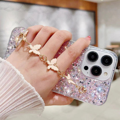 ELECTROPRIME For iPhone 15 Starry Sequin Butterfly Chain Epoxy TPU Phone Case(Pink)