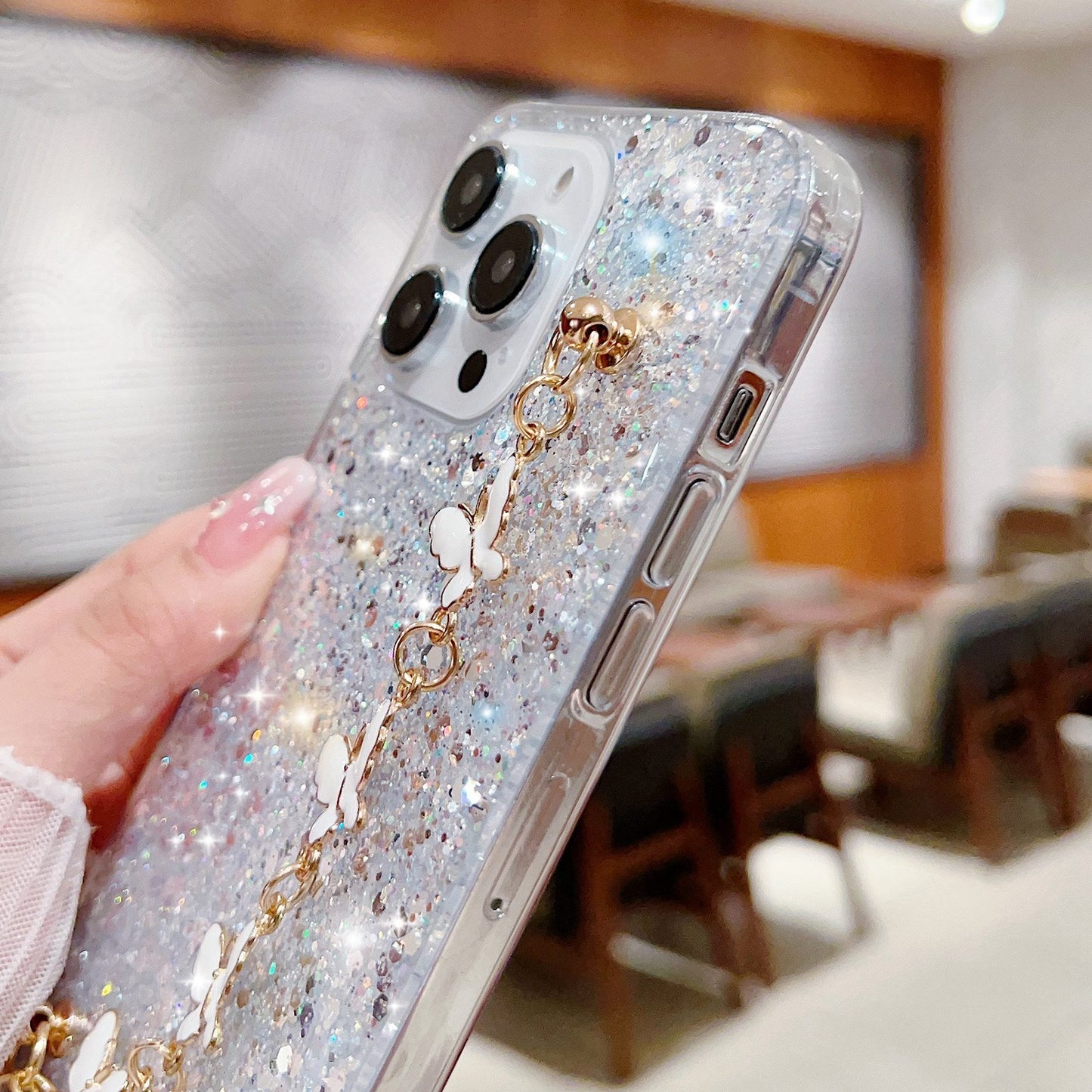 ELECTROPRIME For iPhone 15 Starry Sequin Butterfly Chain Epoxy TPU Phone Case(Yellow)