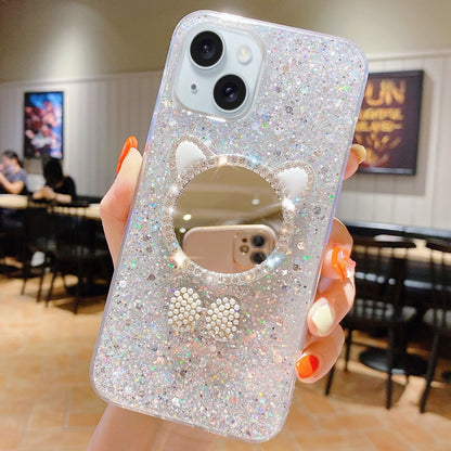 ELECTROPRIME For iPhone 15 Plus Starry Sequin Diamond Cat Ears Mirror Epoxy TPU Phone Case(Silver)