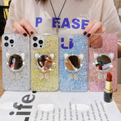 ELECTROPRIME For iPhone 15 Plus Starry Sequin Diamond Cat Ears Mirror Epoxy TPU Phone Case(Silver)