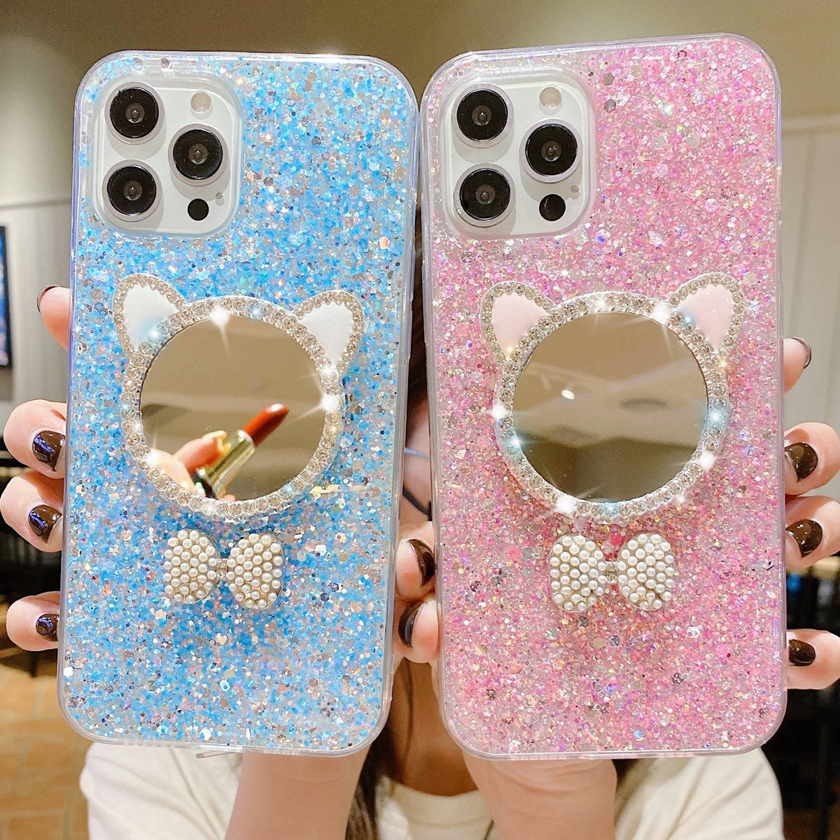 ELECTROPRIME For iPhone 15 Plus Starry Sequin Diamond Cat Ears Mirror Epoxy TPU Phone Case(Silver)