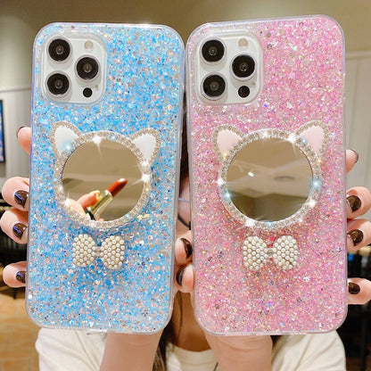 ELECTROPRIME For iPhone 15 Plus Starry Sequin Diamond Cat Ears Mirror Epoxy TPU Phone Case(Silver)