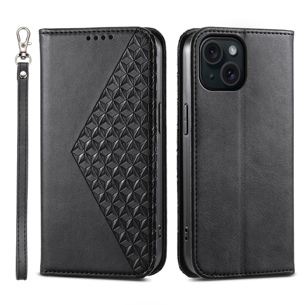 ELECTROPRIME For iPhone 15 Cubic Grid Calf Texture Magnetic Leather Phone Case(Black)
