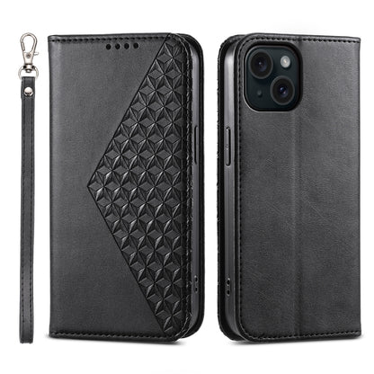 ELECTROPRIME For iPhone 15 Cubic Grid Calf Texture Magnetic Leather Phone Case(Black)