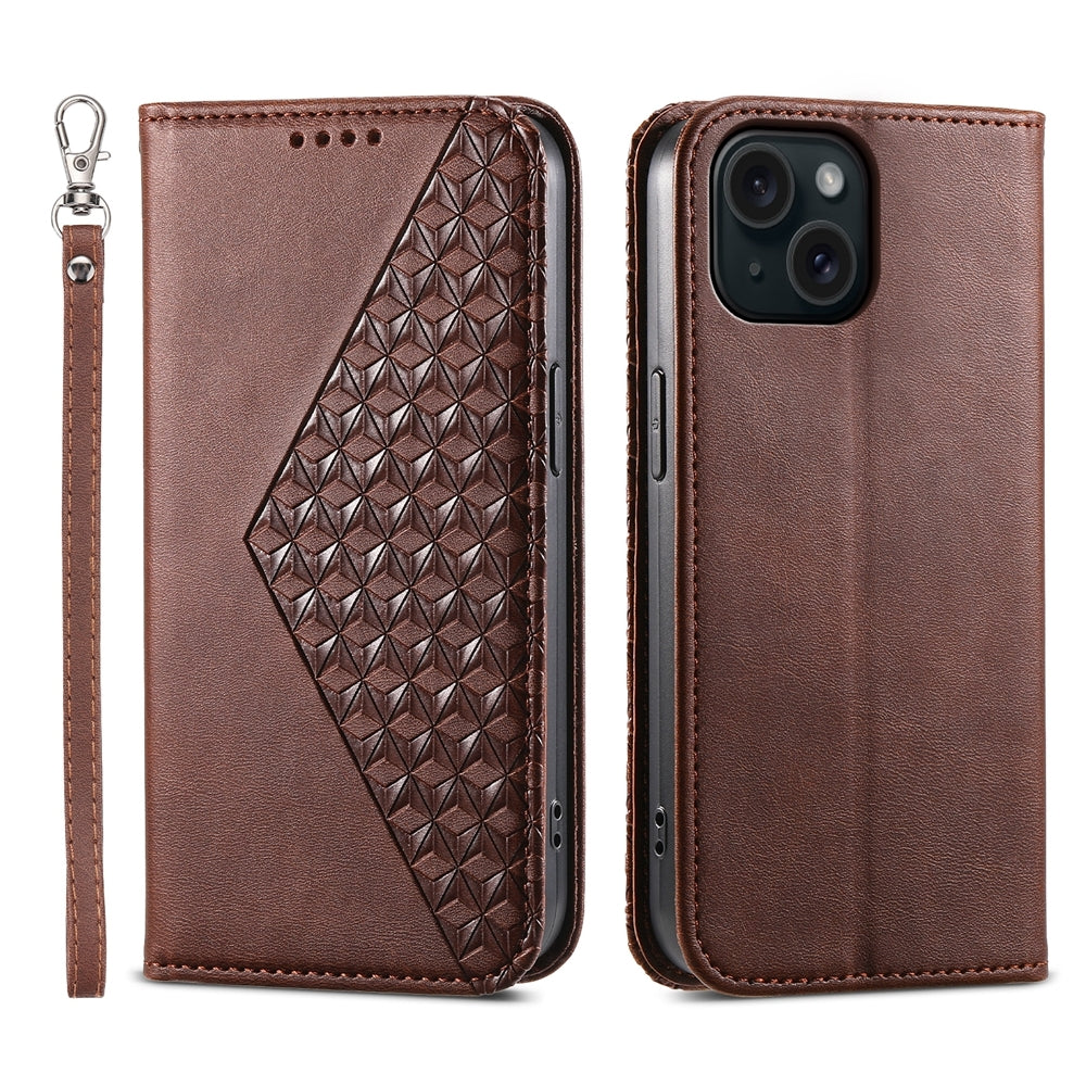 ELECTROPRIME For iPhone 15 Cubic Grid Calf Texture Magnetic Leather Phone Case(Brown)