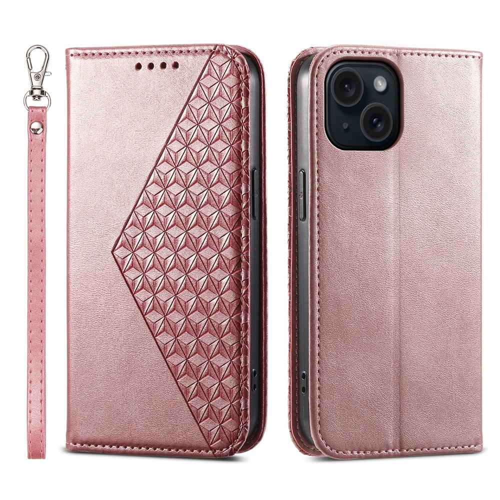 ELECTROPRIME For iPhone 15 Cubic Grid Calf Texture Magnetic Leather Phone Case(Rose Gold)